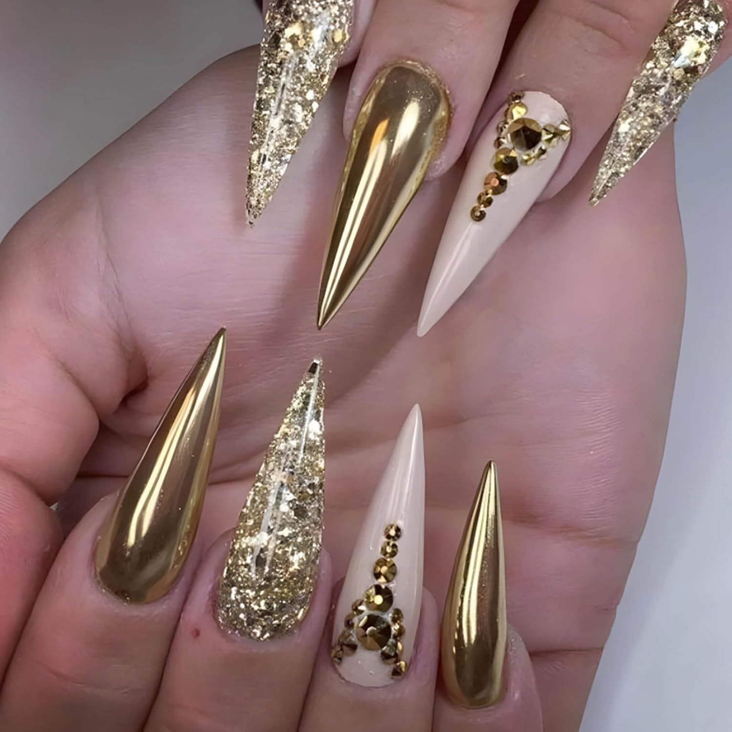 Gold Rhinestones Glitter Stiletto Press-On Nails Acrylic Nails - Free Shipping