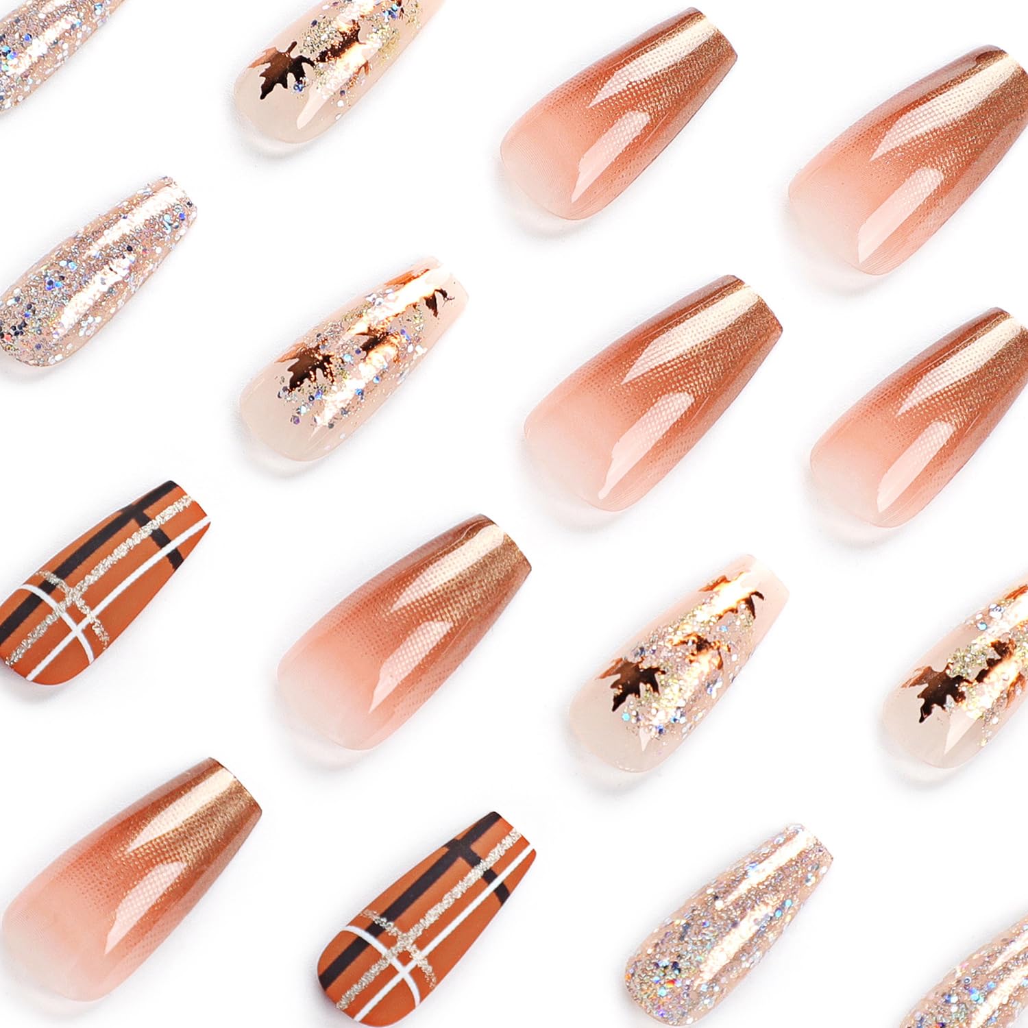 Thanksgiving Press on Nails Long Length Maple Leaves False Nails with Glitter Sequins Design Brown Gradient Acrylic Nails Full Cover Coffin Nails Reusable Glue on Nails for Women Festival Nails