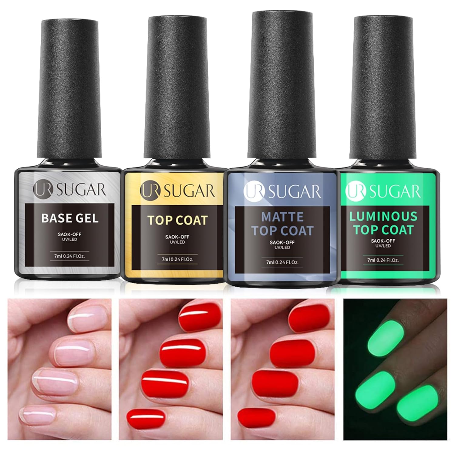 Base & Top Coat 4pc Glow Gel Nail Polish Long -Lasting Manicure Essentials-Free Shipping - Lady Luana Luxe Nails