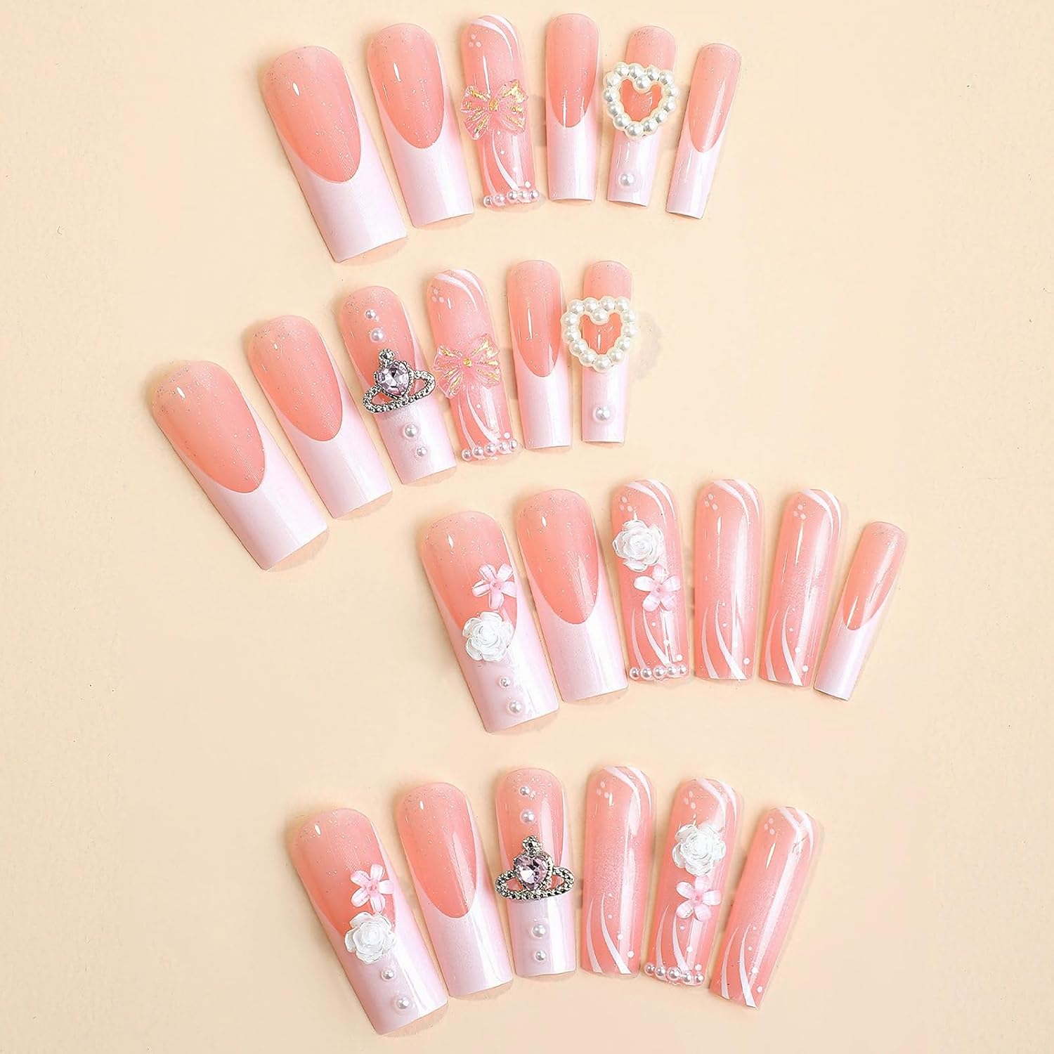 3D Pearl Flower Rhinestone Bow Long Coffin Press-On Nails French Tip Acrylic Nails-Free Shipping