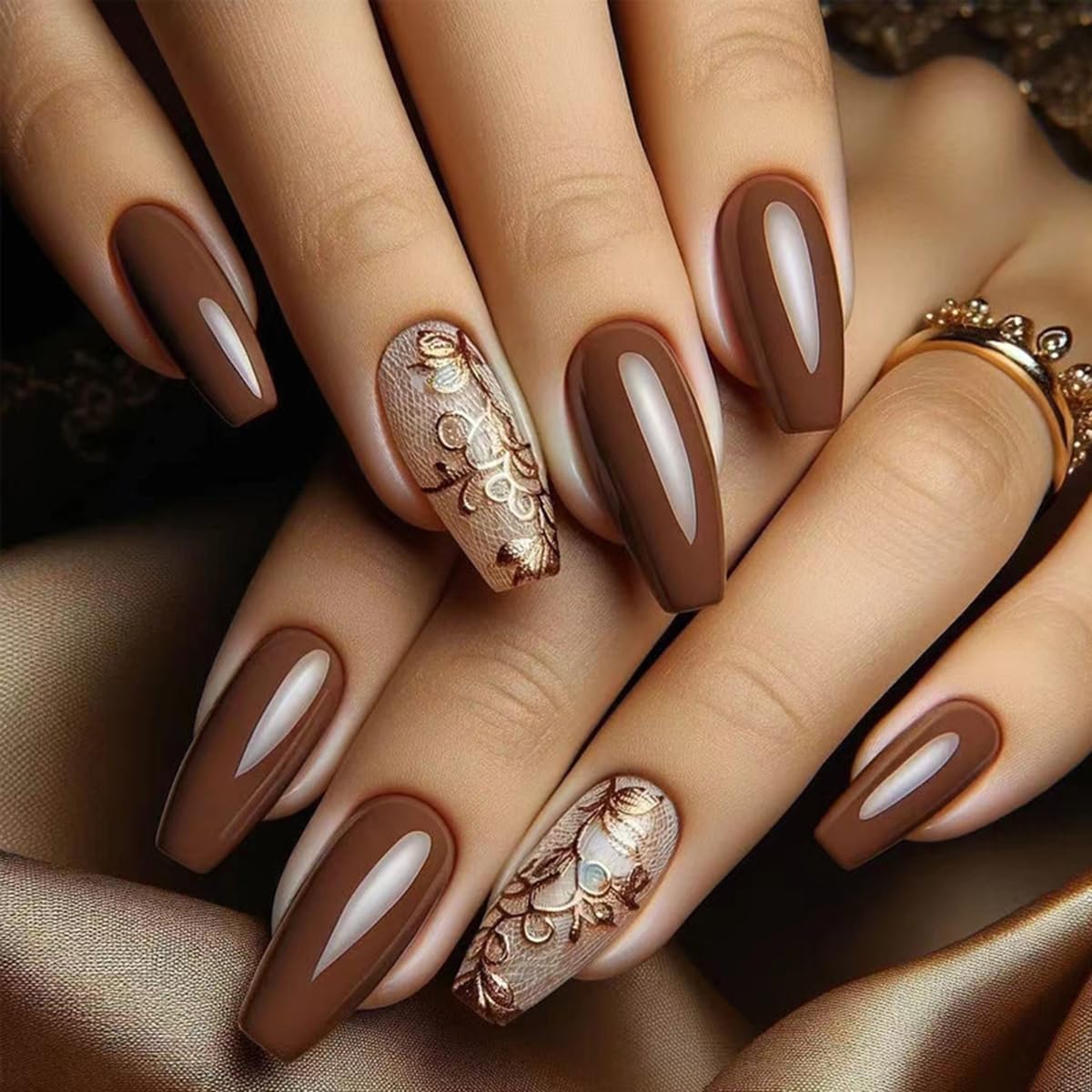 Brown Embossed 3D Lace Press-On Nails False Nails - Free Shipping