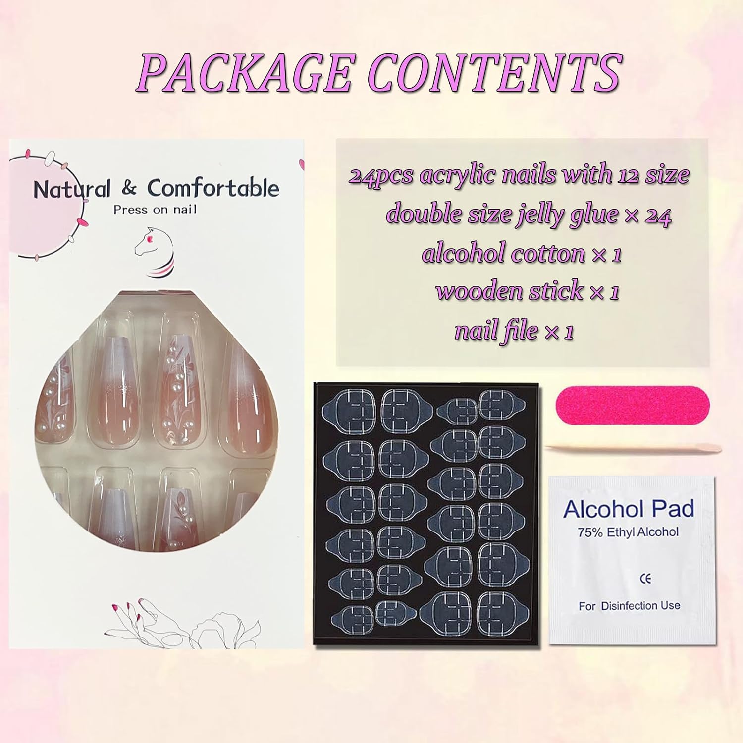 24Pcs Long Coffin White French Tip Press on Nails Glossy Finish Fake Nails with White Pearls and Flowers Design Cute Acrylic False Nails Full Cover Glue on Nails Long Ballet Stick on Nails for Women
