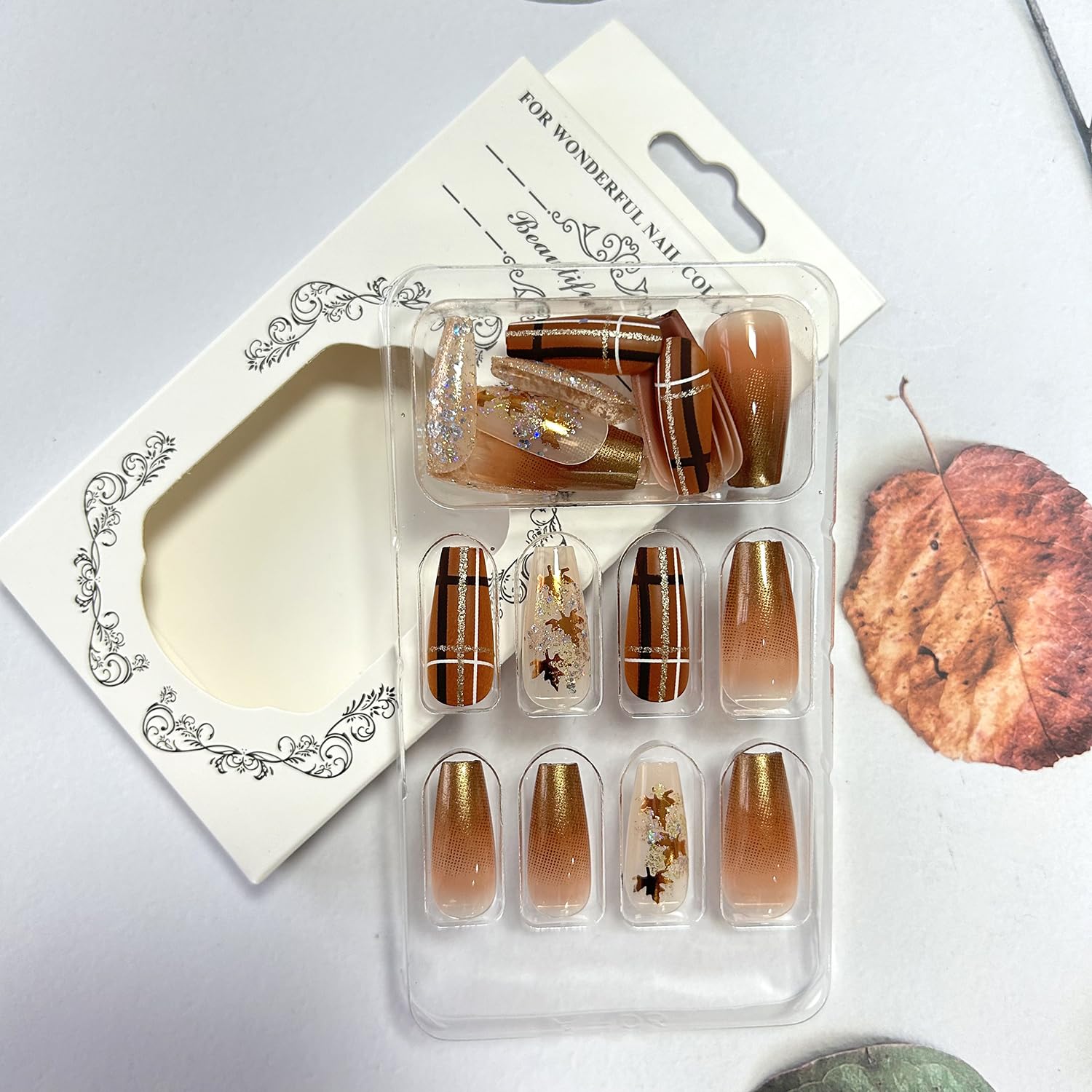 Thanksgiving Press on Nails Long Length Maple Leaves False Nails with Glitter Sequins Design Brown Gradient Acrylic Nails Full Cover Coffin Nails Reusable Glue on Nails for Women Festival Nails