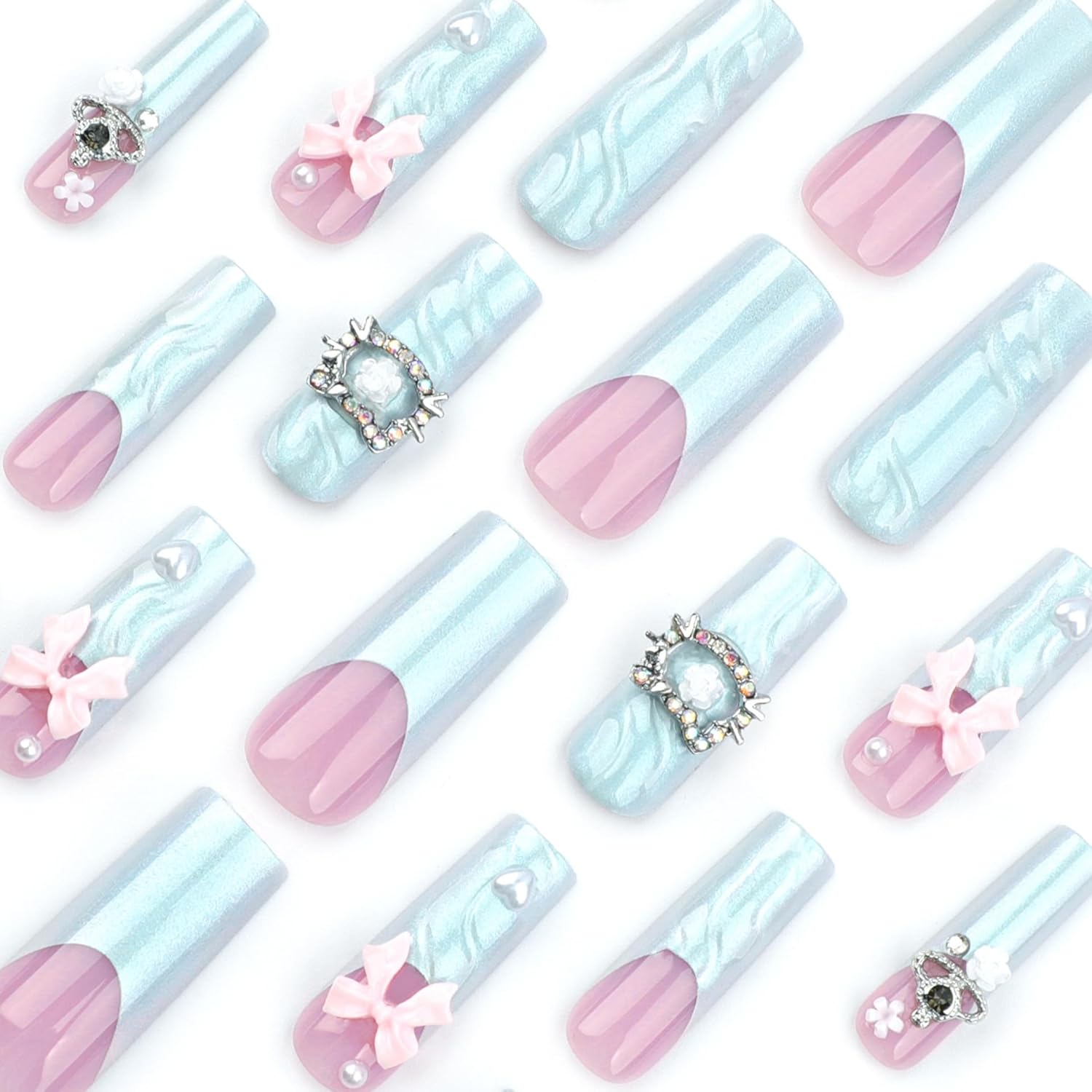 Heart Bow Pink French Tip Press-On Nails Long Coffin Fake Nails-Free Shipping