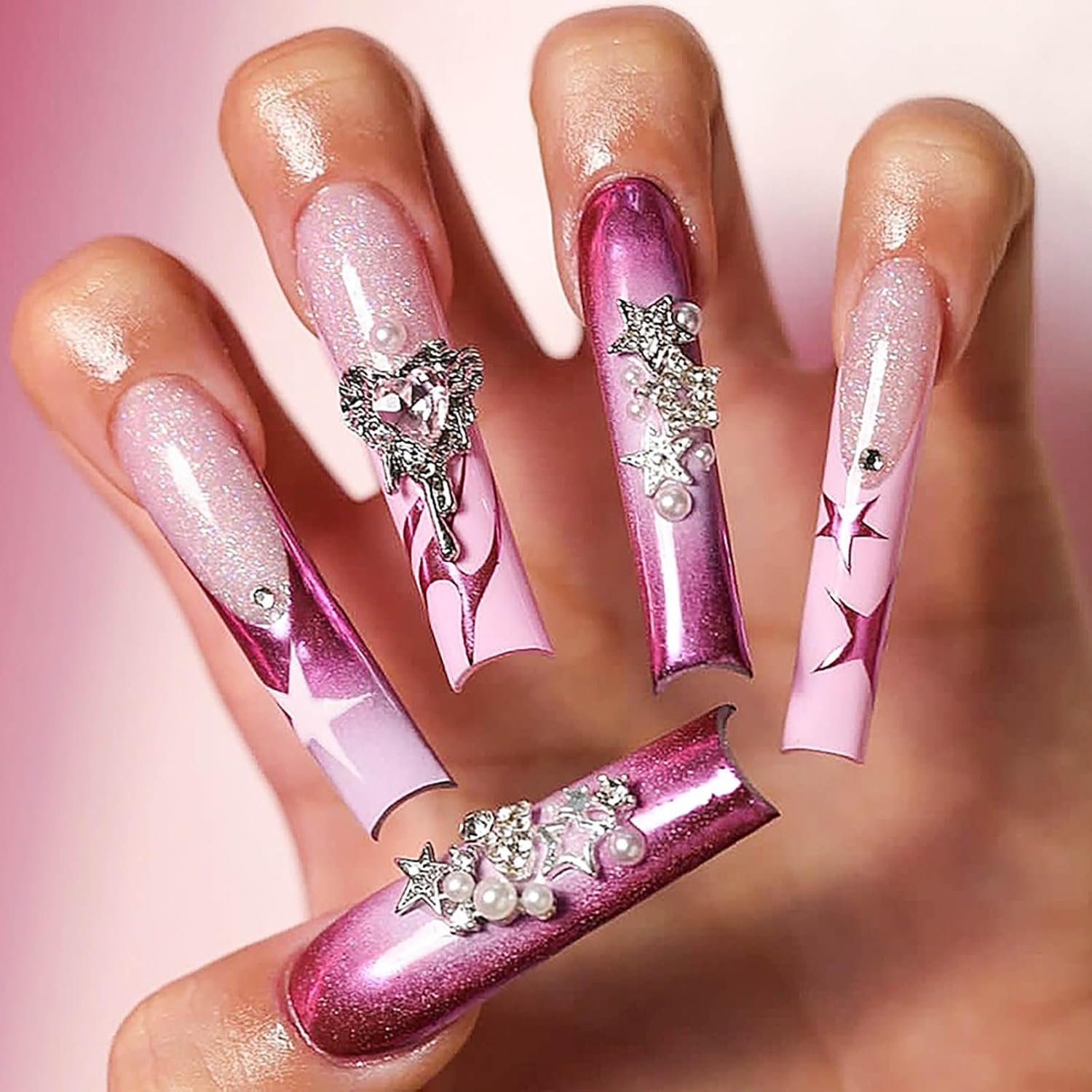 3D Rhinestone Metallic Star Long Coffin Press-On Nails Acrylic False Nails– Free Shipping