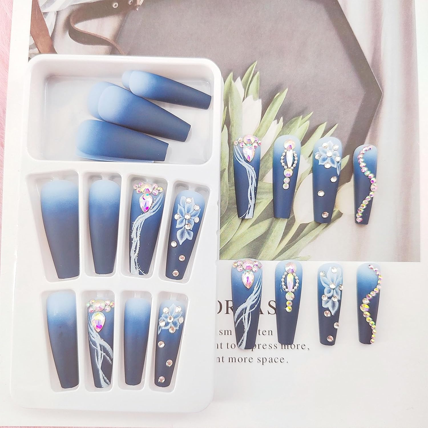 Blue Floral Rhinestone Long Coffin Press-On Nails Acrylic False Nails-Free Shipping