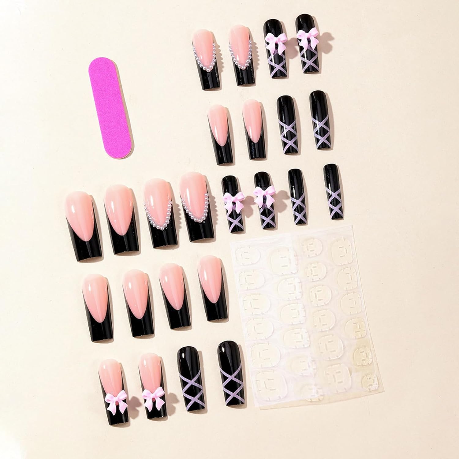 Black Pink Bow Pearl Long Coffin Press-On Nails False Nails - Free Shipping