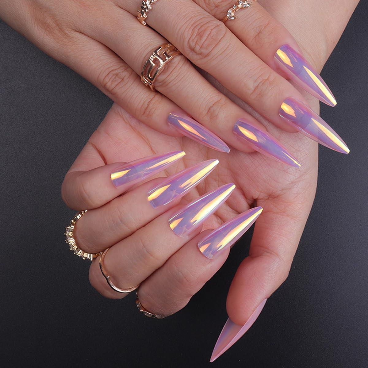 Stiletto Chrome Metallic Holographic Press on Nails-Free Shipping - Lady Luana Luxe Nails