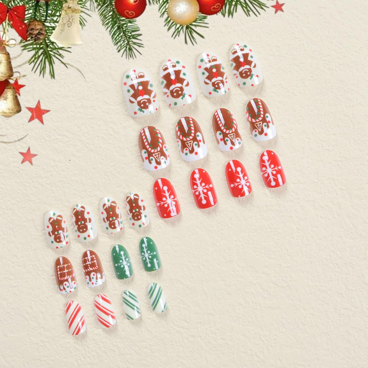 Gingerbread Man Christmas Press-On Nails – 24 Pcs Almond Fake Nails-Free Shipping