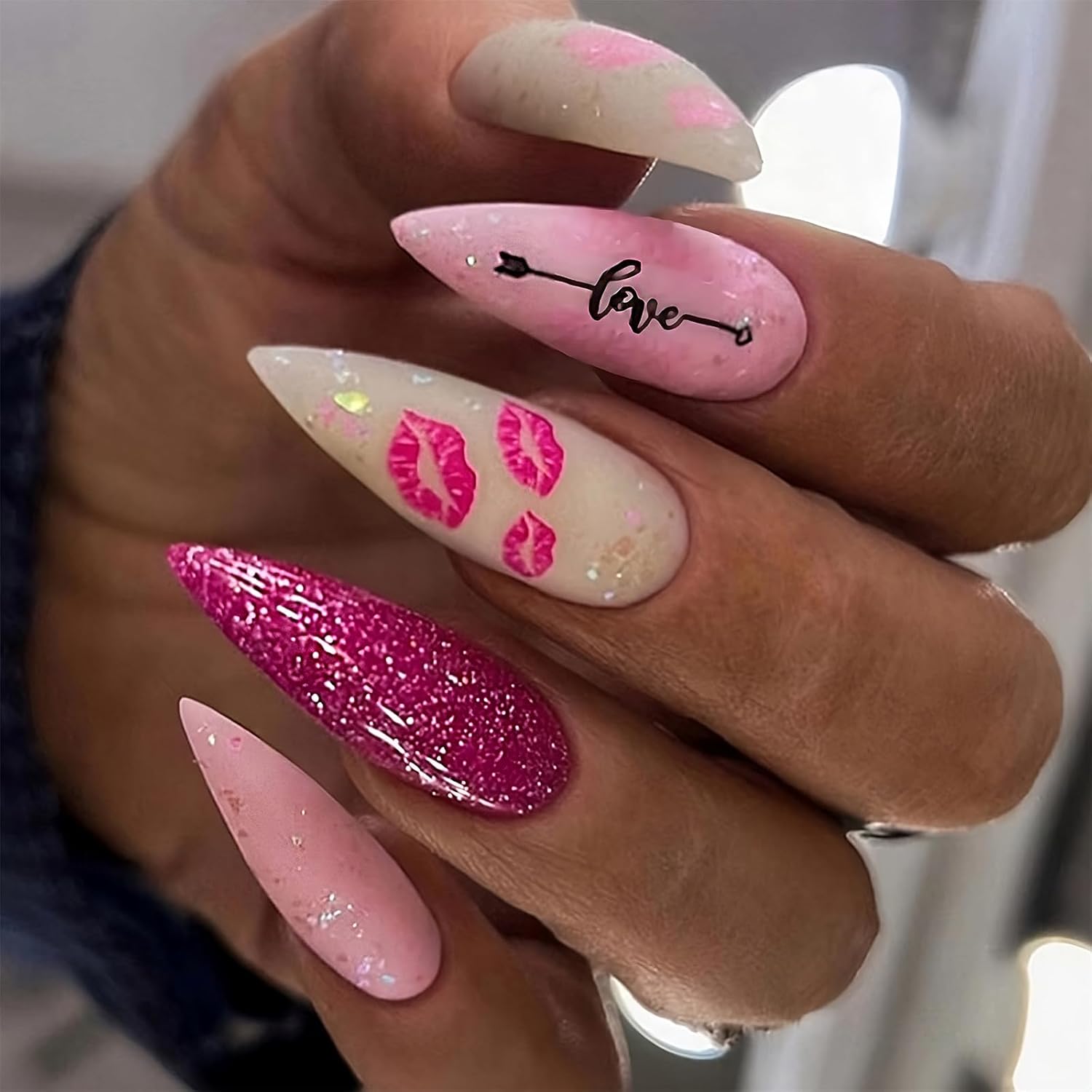 Hot Pink Kisses Press on Nails Long Stiletto Valentines Day Fake Nails with Pink Lip Black Love Letter Design Pink Glitter False Nails Valentine Glue on Nails Artificial Stick on Nails for Women Girls