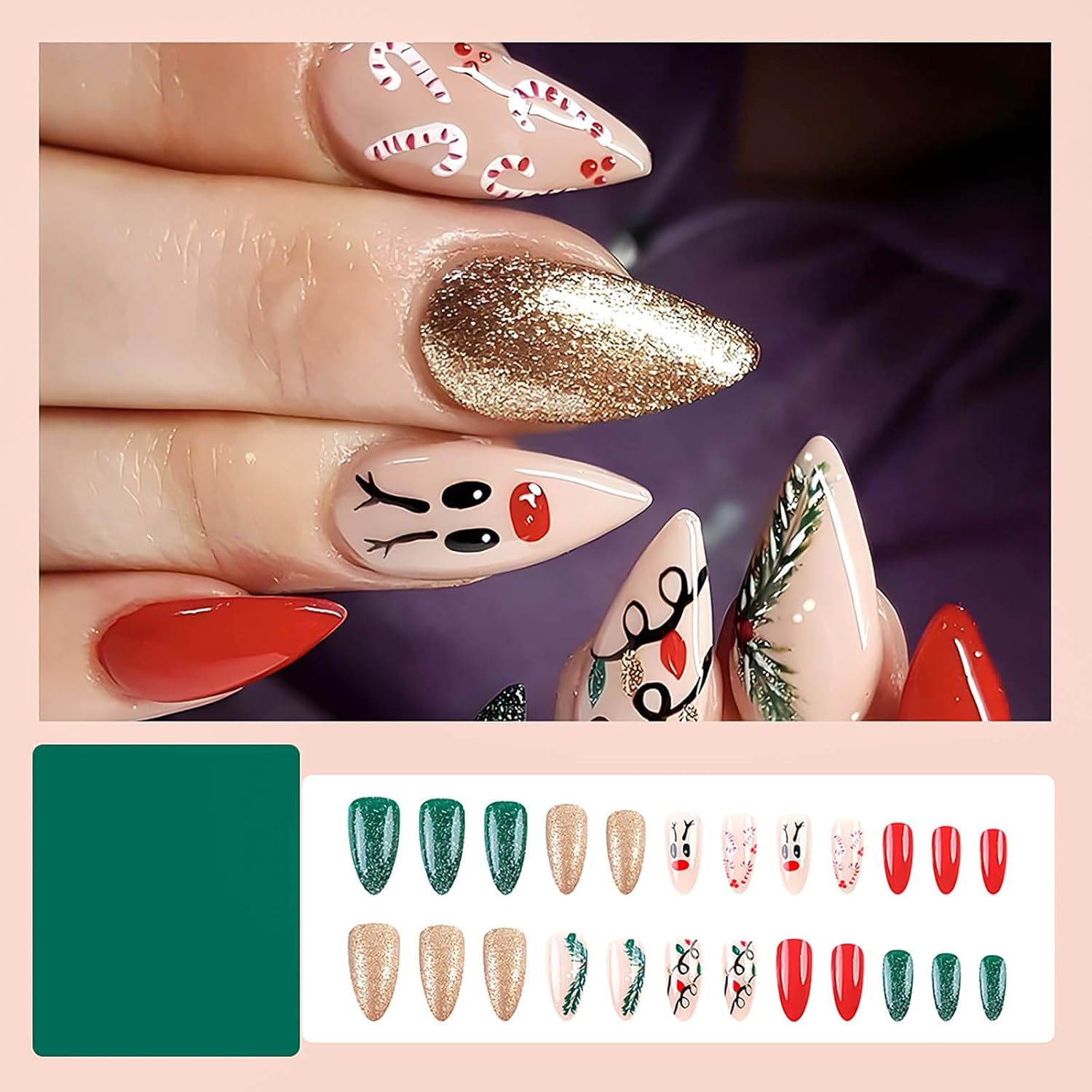 Red Nose Candy Cane Christmas Press-On Nails Medium Almond Acrylic Nails-Free Shipping