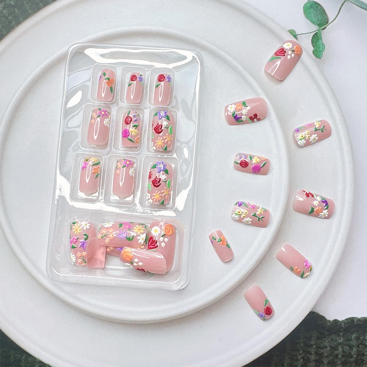 Bee Tulip Floral Press-On Nails Set-Medium Length, Square Shape, Reusable Acrylic False Nails-Free Shipping