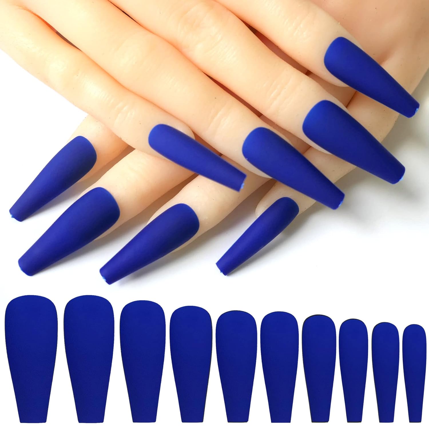 Blue Matte Long Coffin Press-On Nails Acrylic Full Cover Fake Nails – Free Shipping