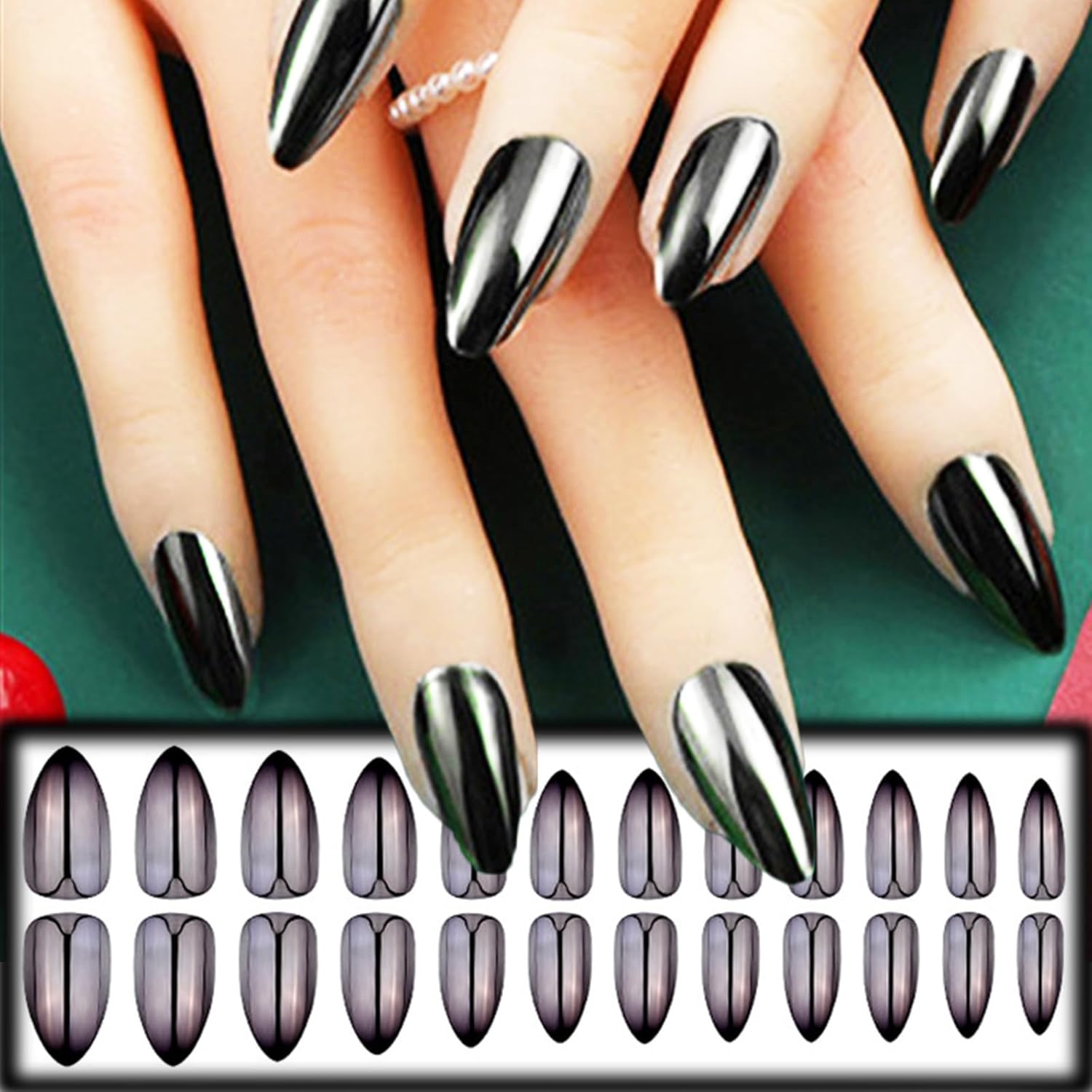 Black Chrome Metal Press-On Nails Almond False Nails - Free Shipping