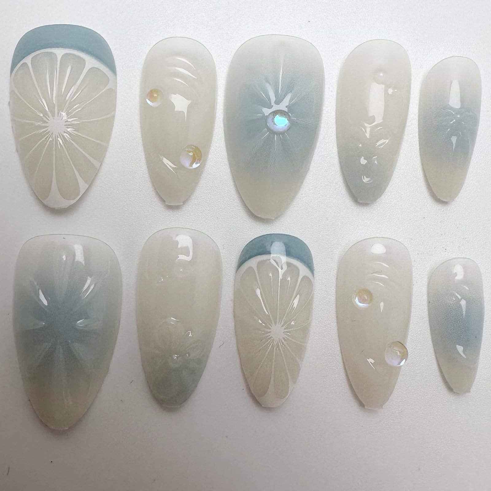 24Pcs Flower Press on Nails Medium Almond Fake Nails with 3D Colorful Spring Floral Butterfly Design Gold Beads Rhinestones Charms False Nails French Tips Glue on Nails for Women Daily Wear
