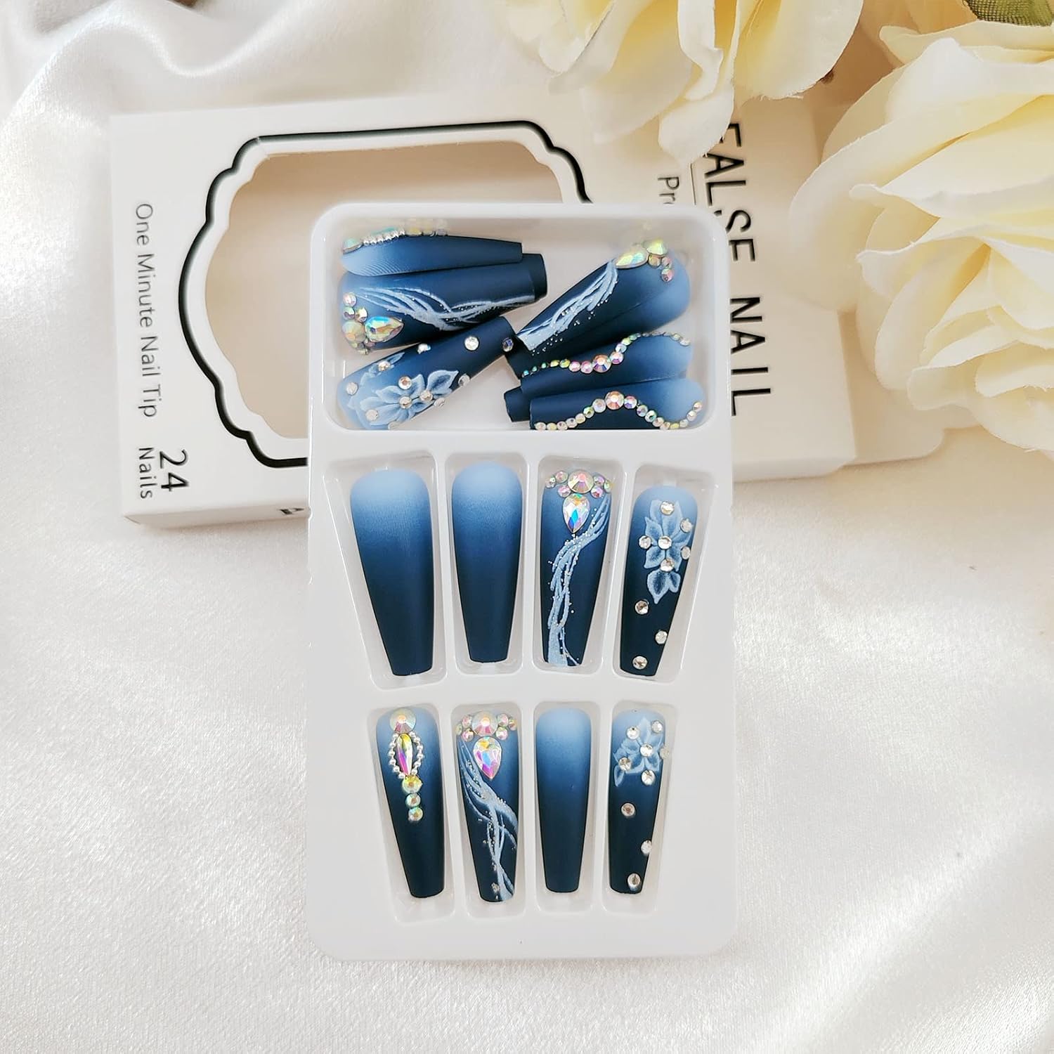 Blue Floral Rhinestone Long Coffin Press-On Nails Acrylic False Nails-Free Shipping