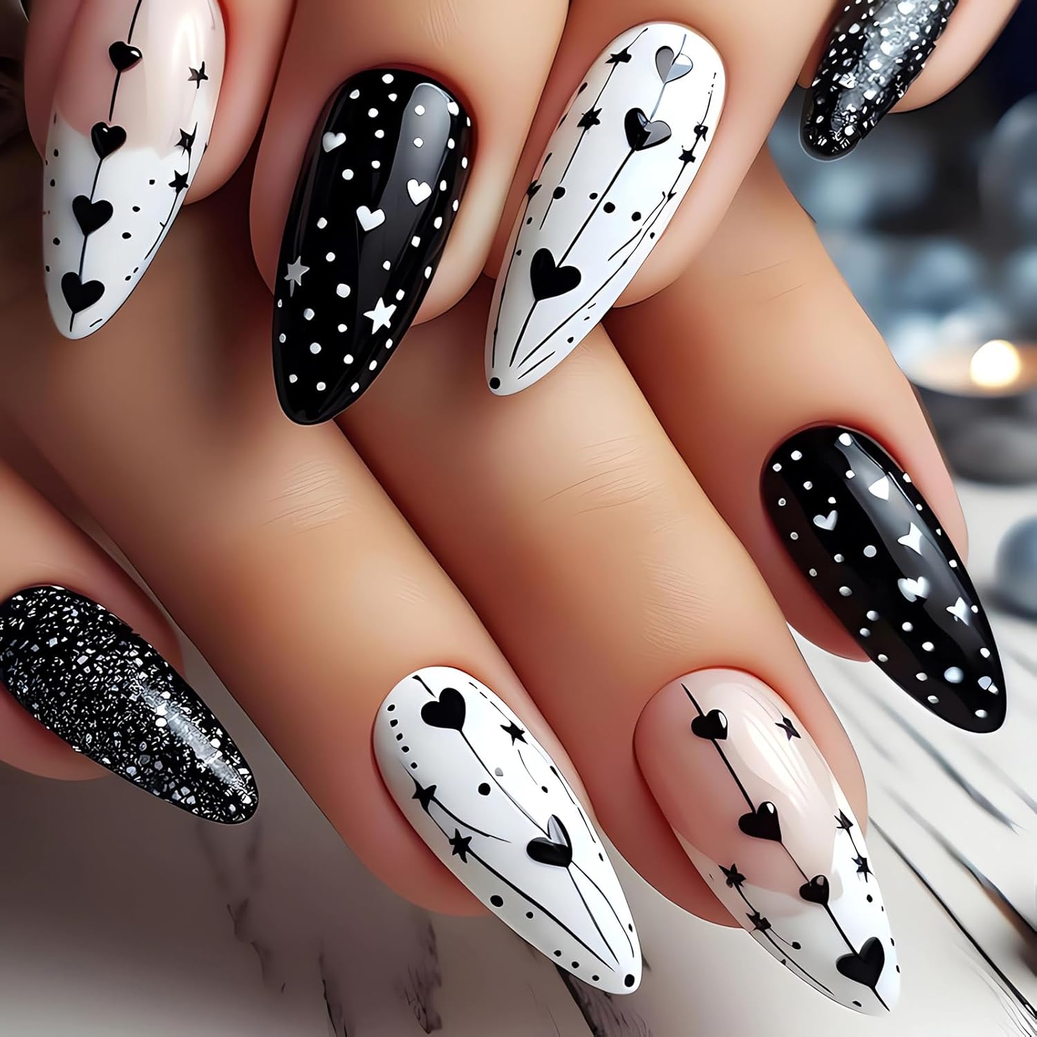 Heart Press on Nails Almond Medium Fake Nails Glossy Black White Valentine’s Day Glue on Nails with Small Hearts Stars Designs White French False Nail Tips Cute Stick on Nails for Women 24Pcs
