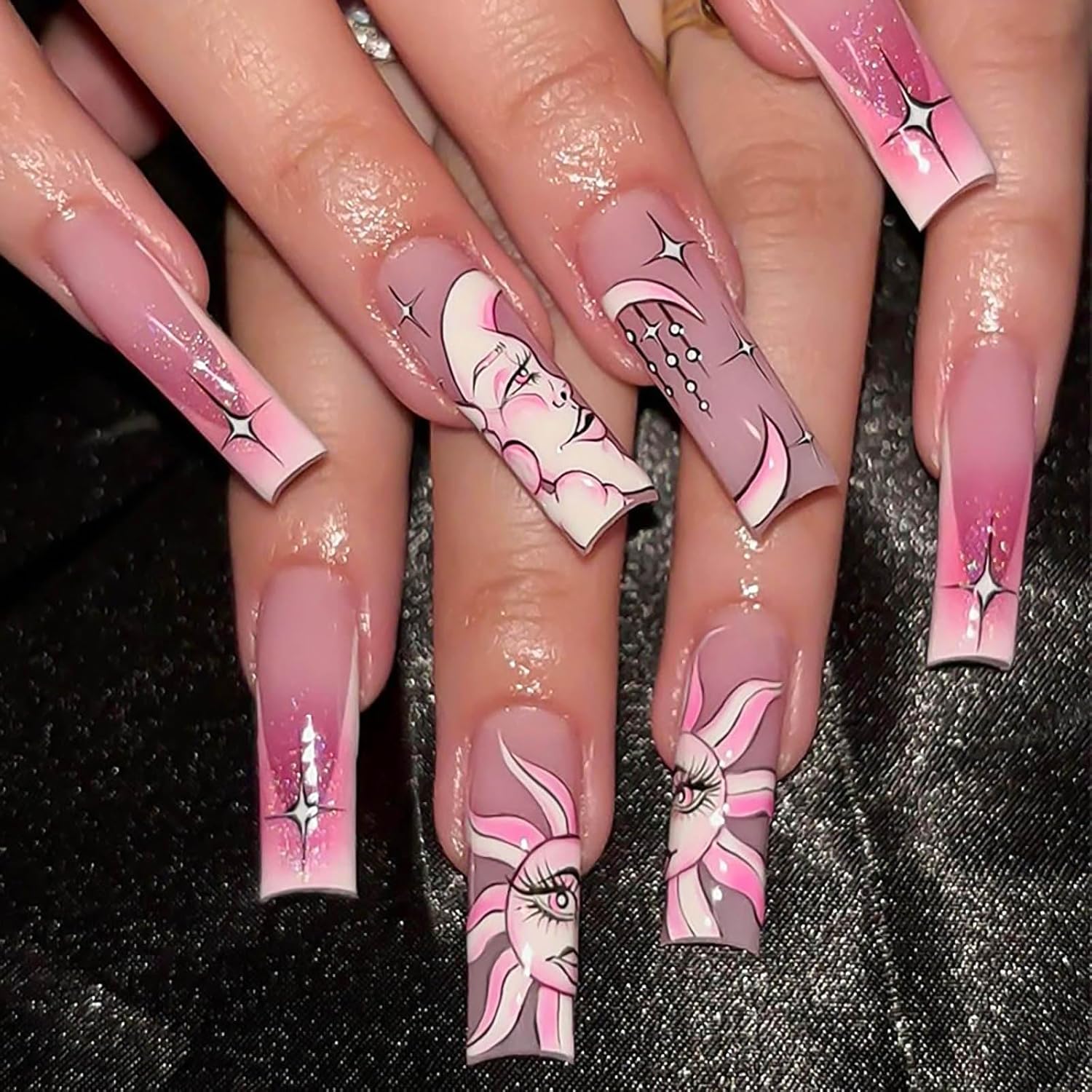 Stylish Moon Sun French Tip Press-On Nails, Long Coffin Acrylic Nails-Free Shipping