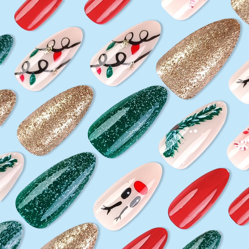 Red Nose Candy Cane Christmas Press-On Nails Medium Almond Acrylic Nails-Free Shipping