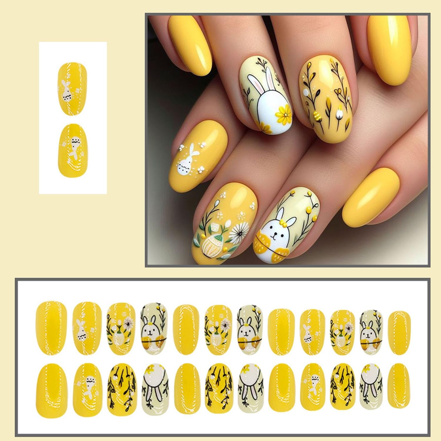 Easter Press On Nails Short Fake Nails with Glue Rabbit Eggs Pattern Design Flower False Nails Easter Press Ons Cute Bunny Stick on Nails Artificial Nails Finger Manicure for Women 24Pcs