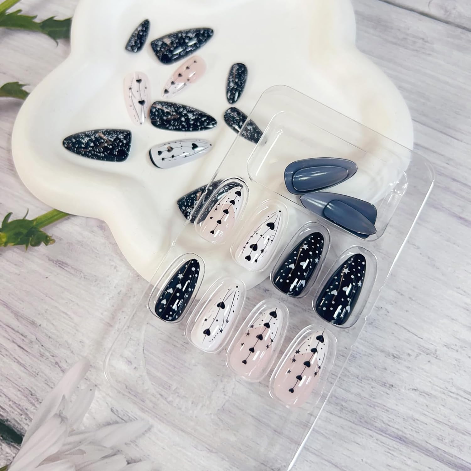 Heart Press on Nails Almond Medium Fake Nails Glossy Black White Valentine’s Day Glue on Nails with Small Hearts Stars Designs White French False Nail Tips Cute Stick on Nails for Women 24Pcs