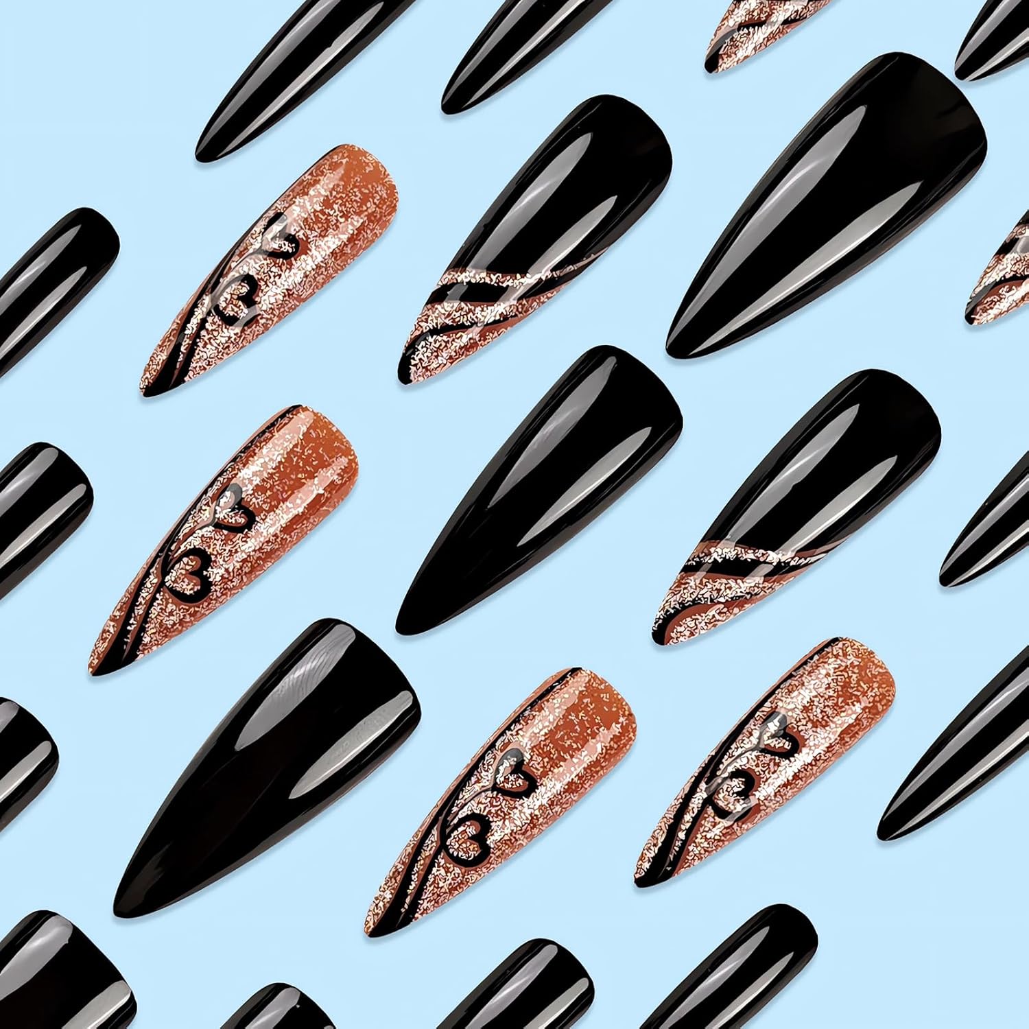 Long Stiletto Press on Nails Black Fake Nails Small Heart Glue on Nails Valentine’s Day Nail Art Decorations Glossy Full Cover Glue on Nails Long Almond Acrylic Nails Stick on Nails for Women 24Pcs