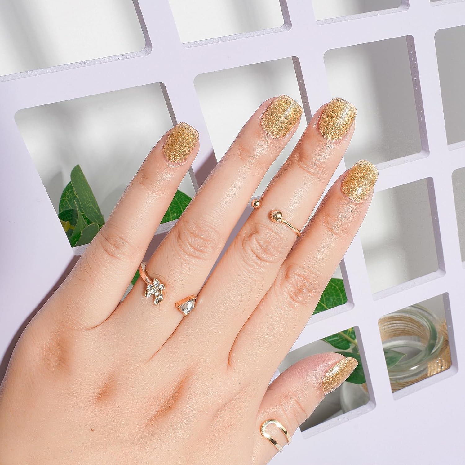 Sparkling Gold Glitter Square Press-On Nails Acrylic Fake Nails - Free Shipping