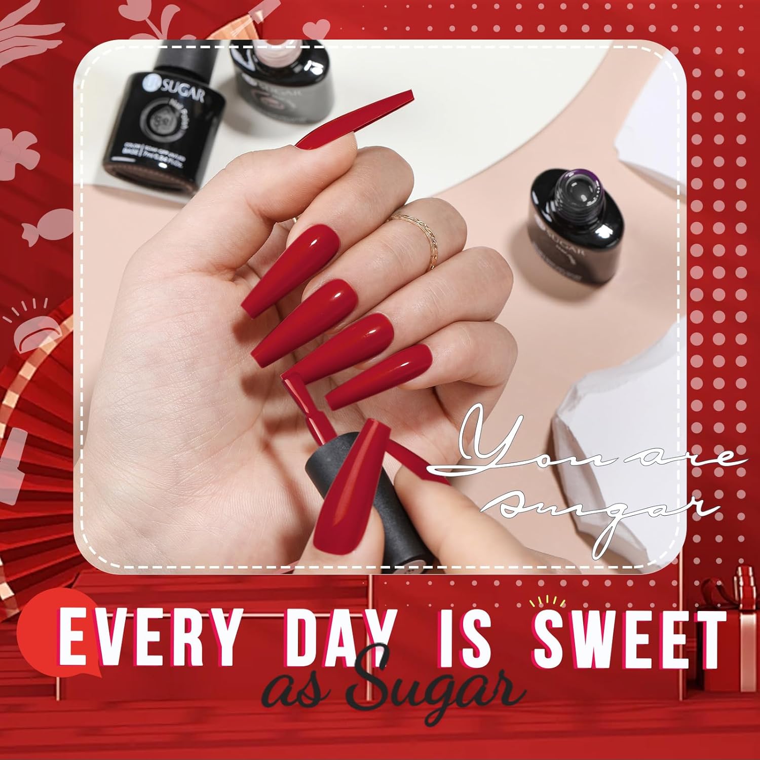 Red Glitter & Gloss Gel Nail Polish Long -Lasting Manicure Essentials-Free Shipping - Lady Luana Luxe Nails