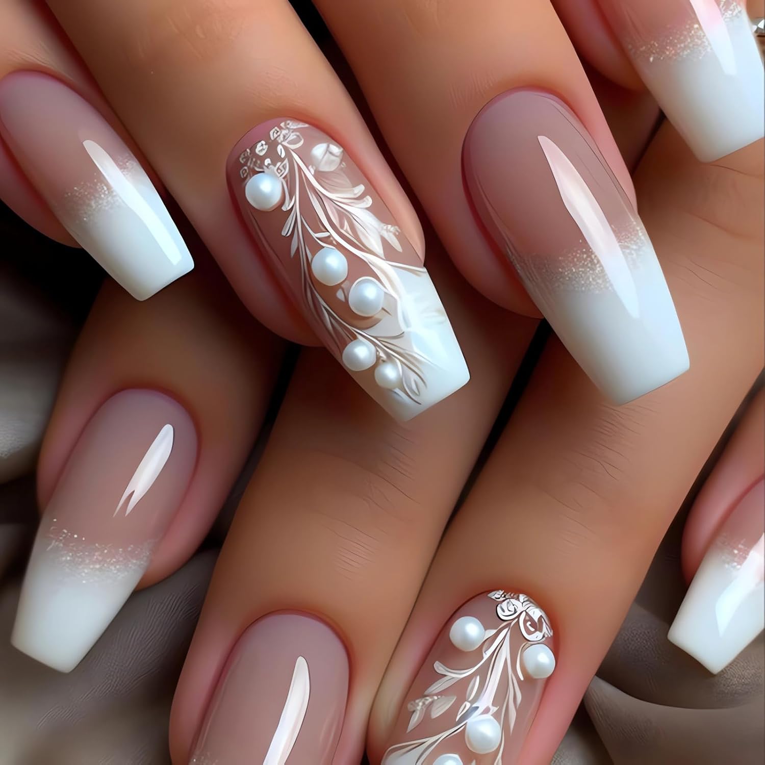 24Pcs Long Coffin White French Tip Press on Nails Glossy Finish Fake Nails with White Pearls and Flowers Design Cute Acrylic False Nails Full Cover Glue on Nails Long Ballet Stick on Nails for Women
