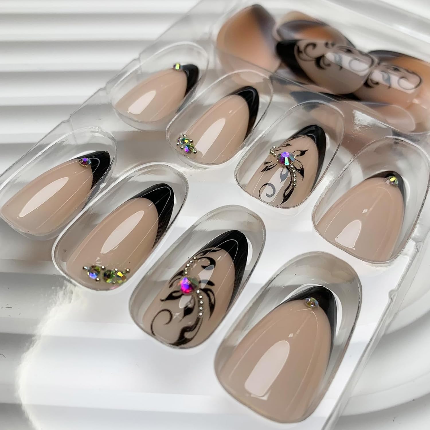 Chic Floral Rhinestone Black French Press-On Nails Acrylic Fake Nails-Free Shipping