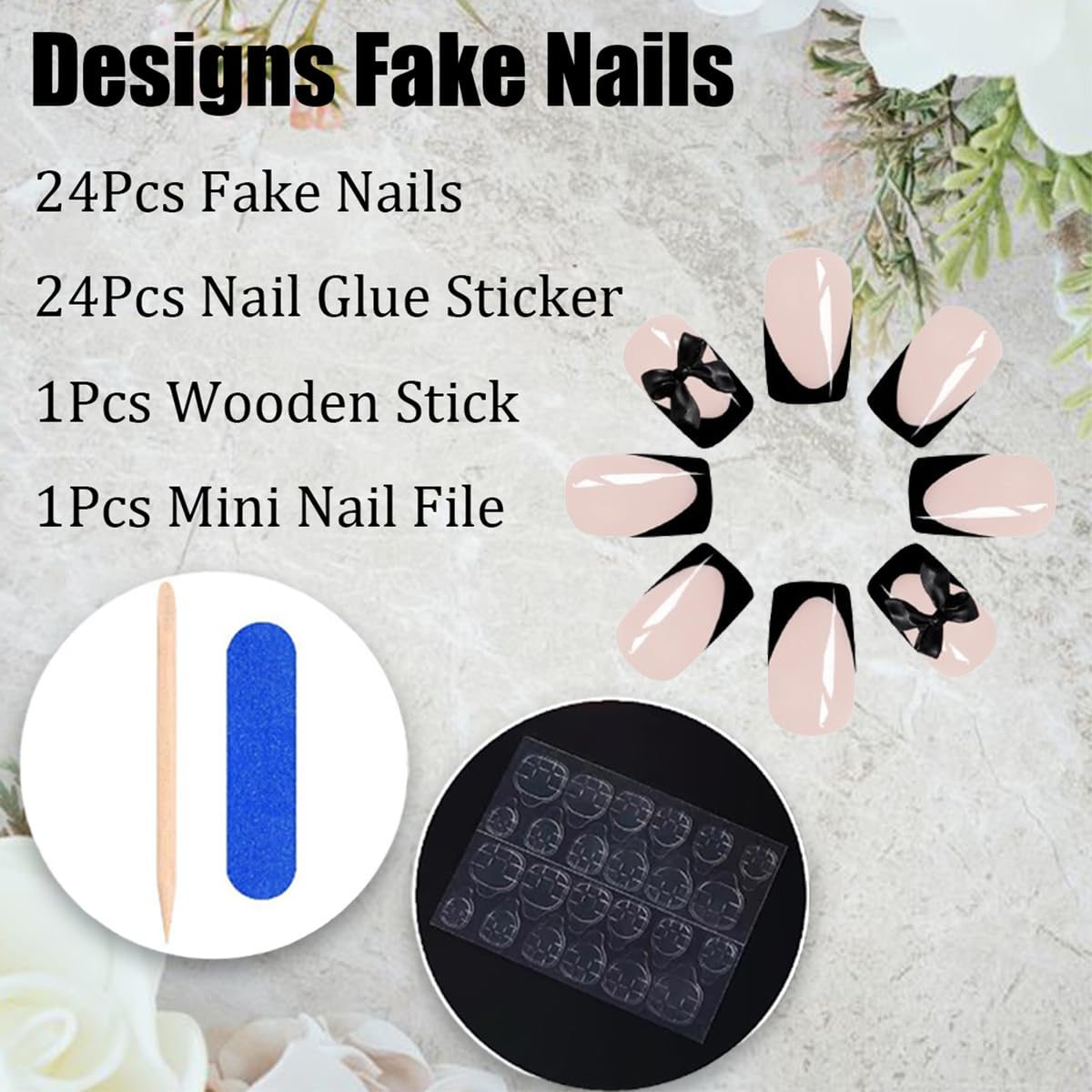 Black Bow French Press on Nails - 24 Pcs Medium Square Full Cover Fake Nails - Free Shipping