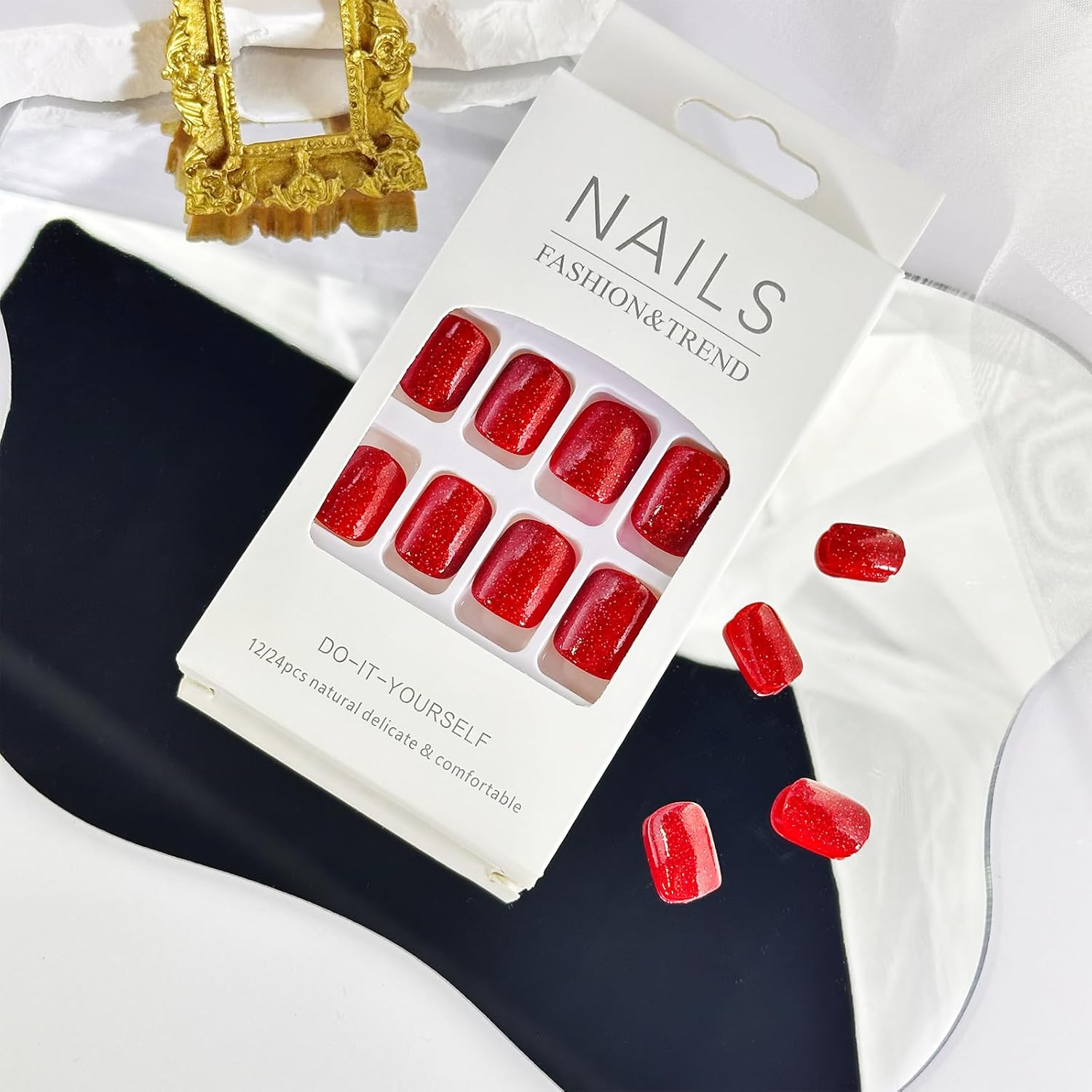Glossy Red Square Press-On Nails Full Cover Glitter Acrylic False Nails - Free Shipping