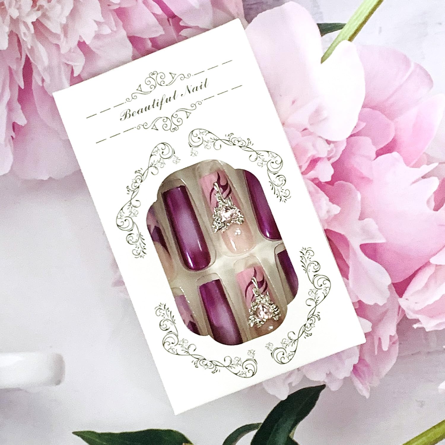 3D Rhinestone Metallic Star Long Coffin Press-On Nails Acrylic False Nails– Free Shipping