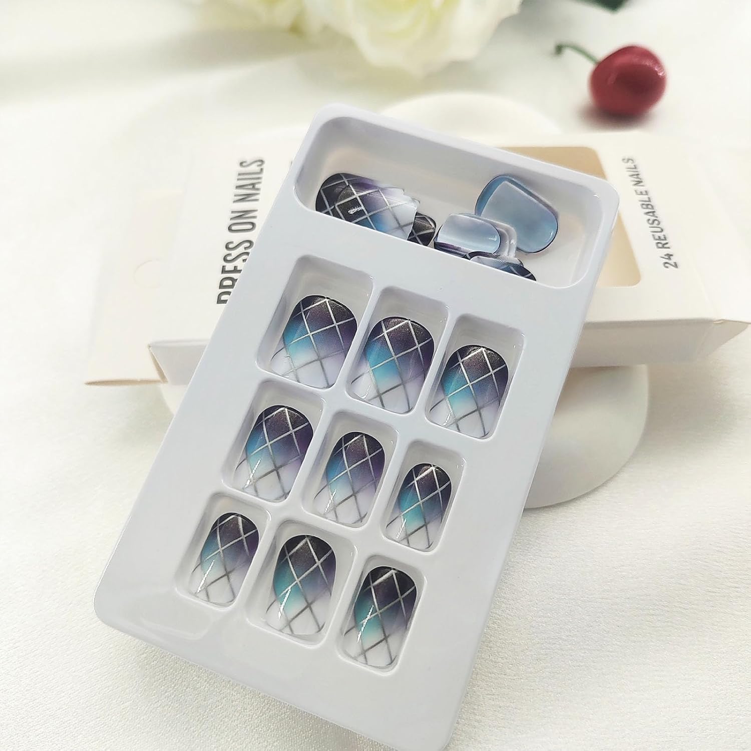 Abstract Plaid Ombre Press-On Nails Square Acrylic False Nails-Free Shipping