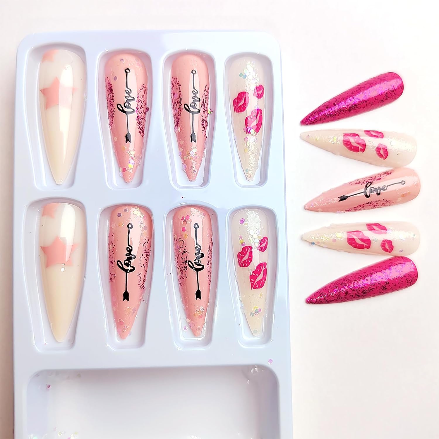 Hot Pink Kisses Press on Nails Long Stiletto Valentines Day Fake Nails with Pink Lip Black Love Letter Design Pink Glitter False Nails Valentine Glue on Nails Artificial Stick on Nails for Women Girls