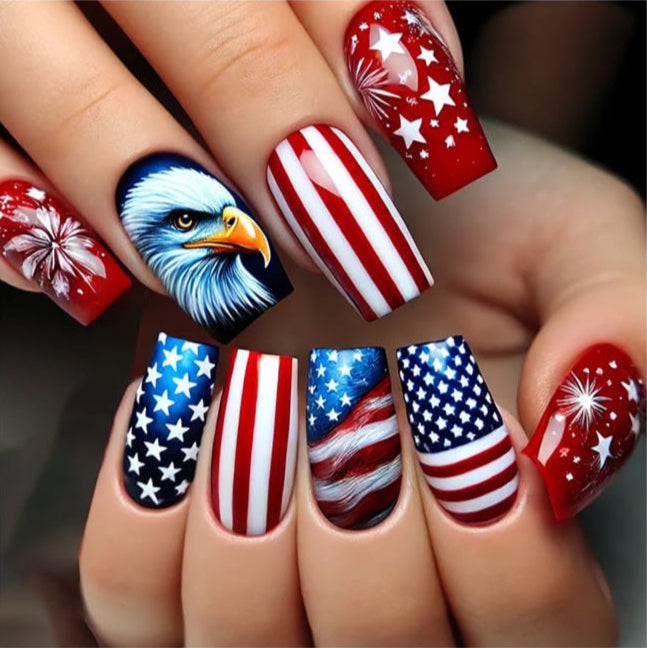 Medium Press on Nails Independence Day Fake Nails with Fireworks and Stripe Designs Bald Eagle Glue on Nails 4th of July Flag Stick on Nails Blue Red Glue on Nails for Women Girls 24Pcs