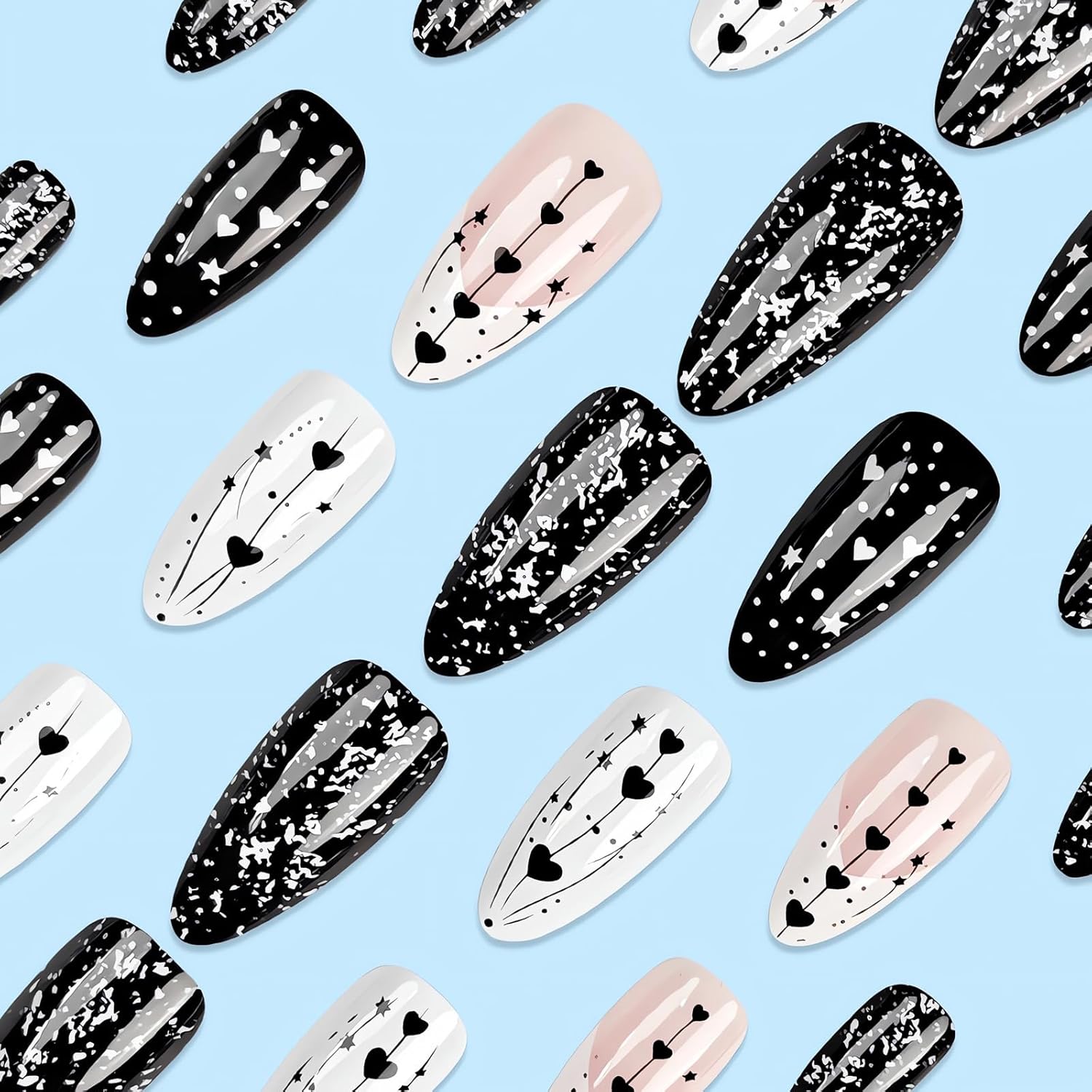 Heart Press on Nails Almond Medium Fake Nails Glossy Black White Valentine’s Day Glue on Nails with Small Hearts Stars Designs White French False Nail Tips Cute Stick on Nails for Women 24Pcs