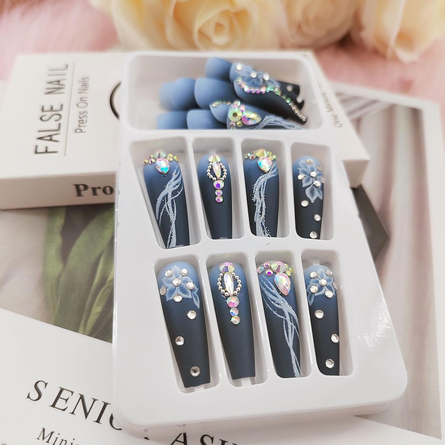 Blue Floral Rhinestone Long Coffin Press-On Nails Acrylic False Nails-Free Shipping