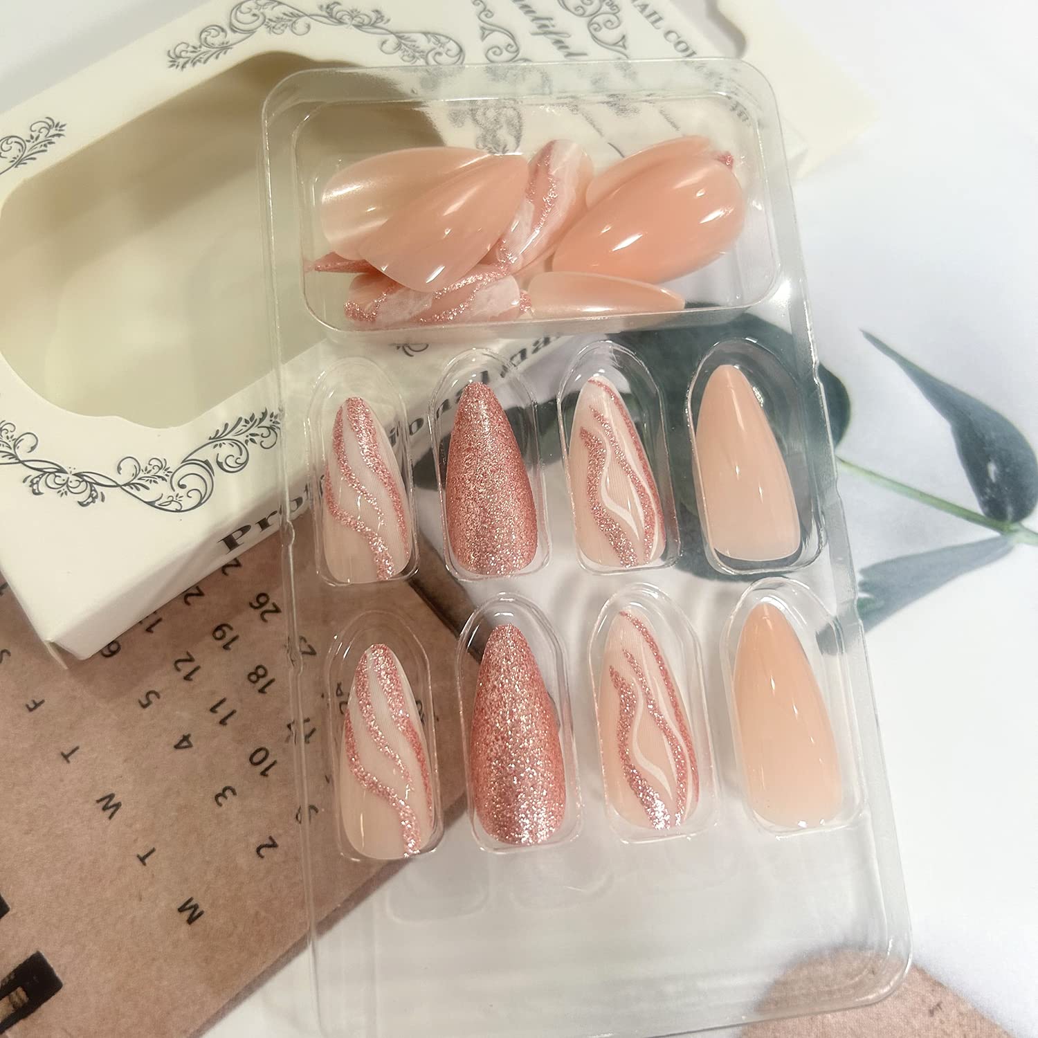 Medium Almond Tip Press on Nails Nails Artificial Acrylic Fake Nails with Pink Glitter Powder Designs, 24Pcs Full Cover Reusable Coffin False Nails Set Women Glue on Nails Stick on Nails for Nail Art