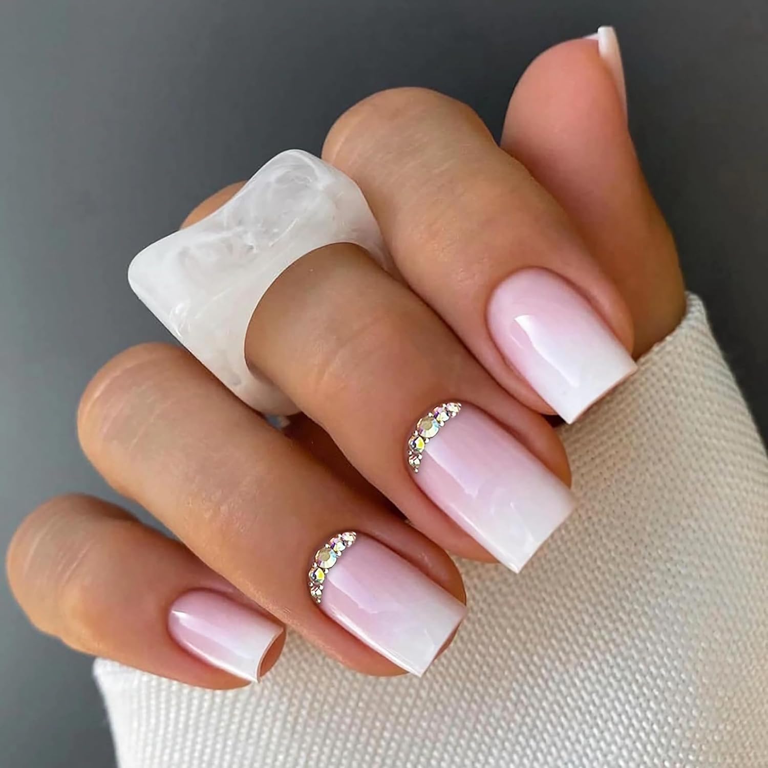 2025 Square Nail Ombre with Rhinestone Shine