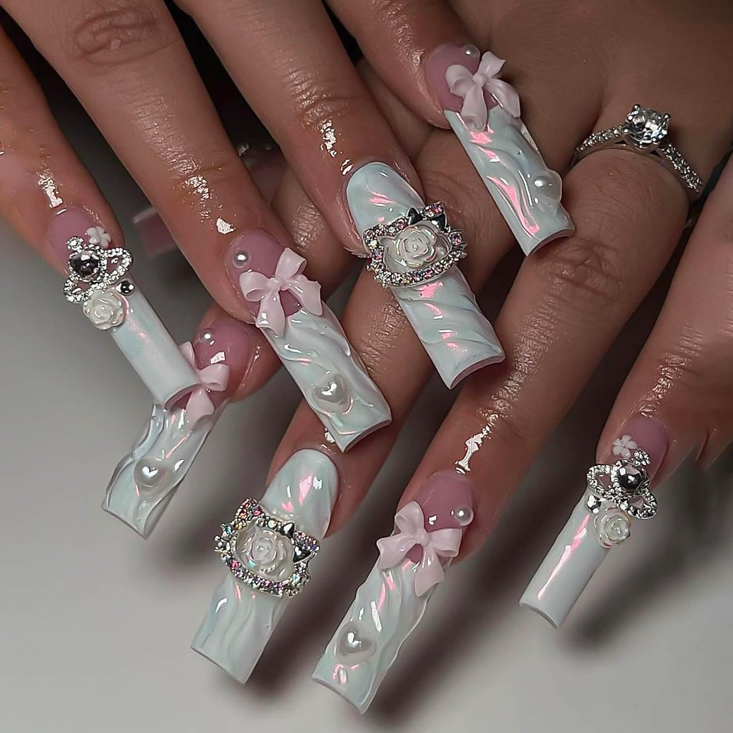 Heart Bow Pink French Tip Press-On Nails Long Coffin Fake Nails-Free Shipping