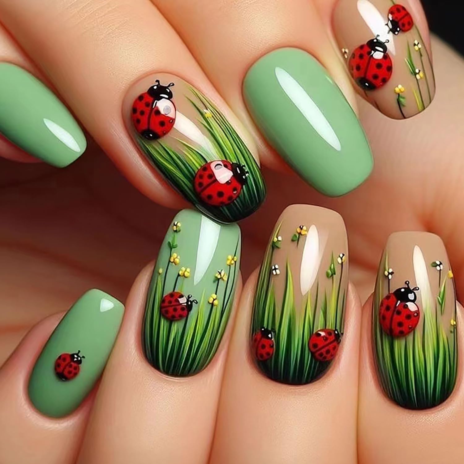 Bee Tulip Floral Press-On Nails Set-Medium Length, Square Shape, Reusable Acrylic False Nails-Free Shipping