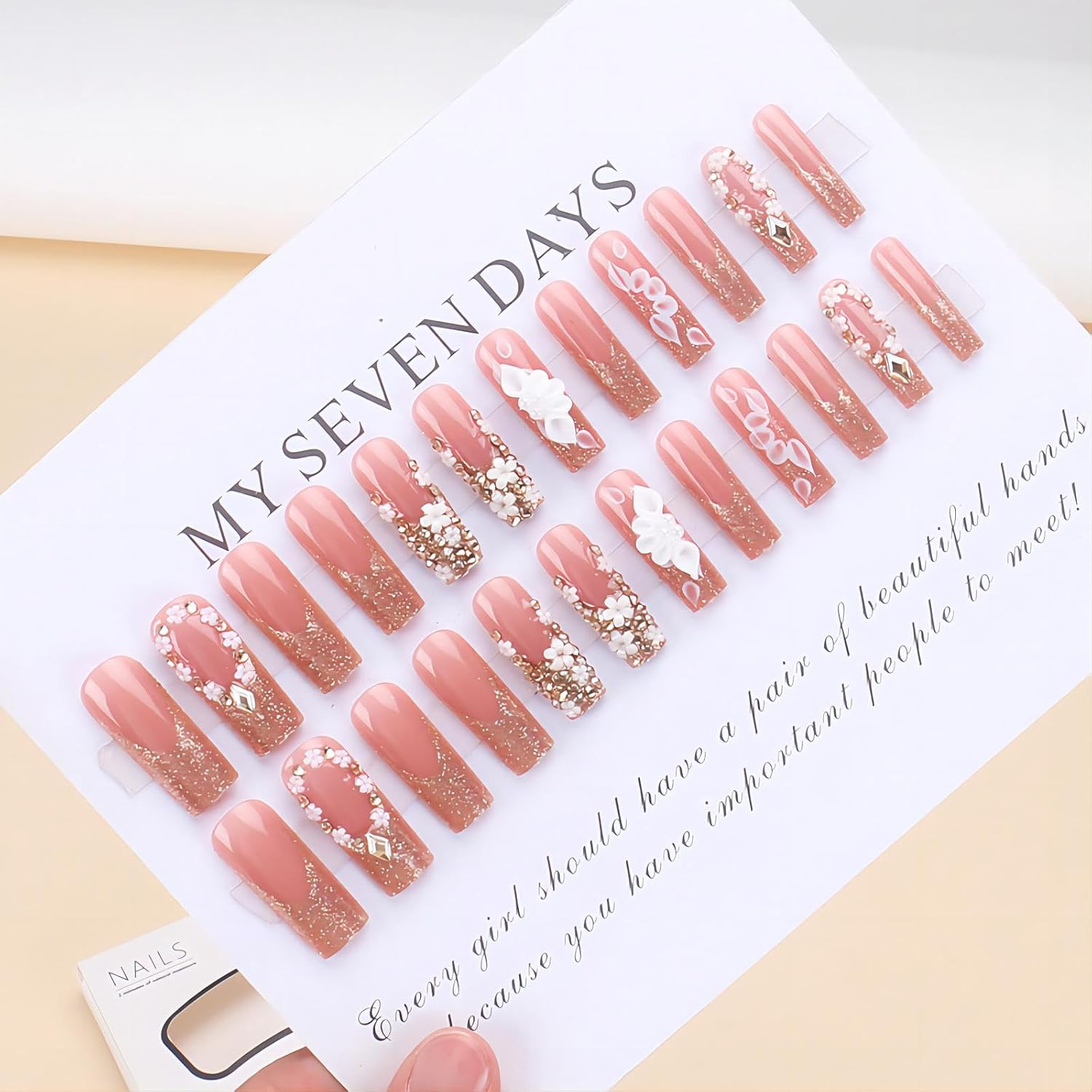 3D Gold Glitter Rhinestone Flower Long Coffin Press-On Nails Acrylic False Nails-Free Shipping