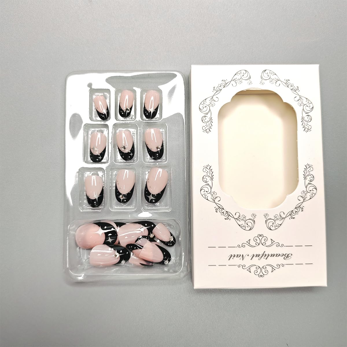Black Rhinestone French Almond Press on Nails - 24 Pcs Medium Square Full Cover Fake Nails - Free Shipping