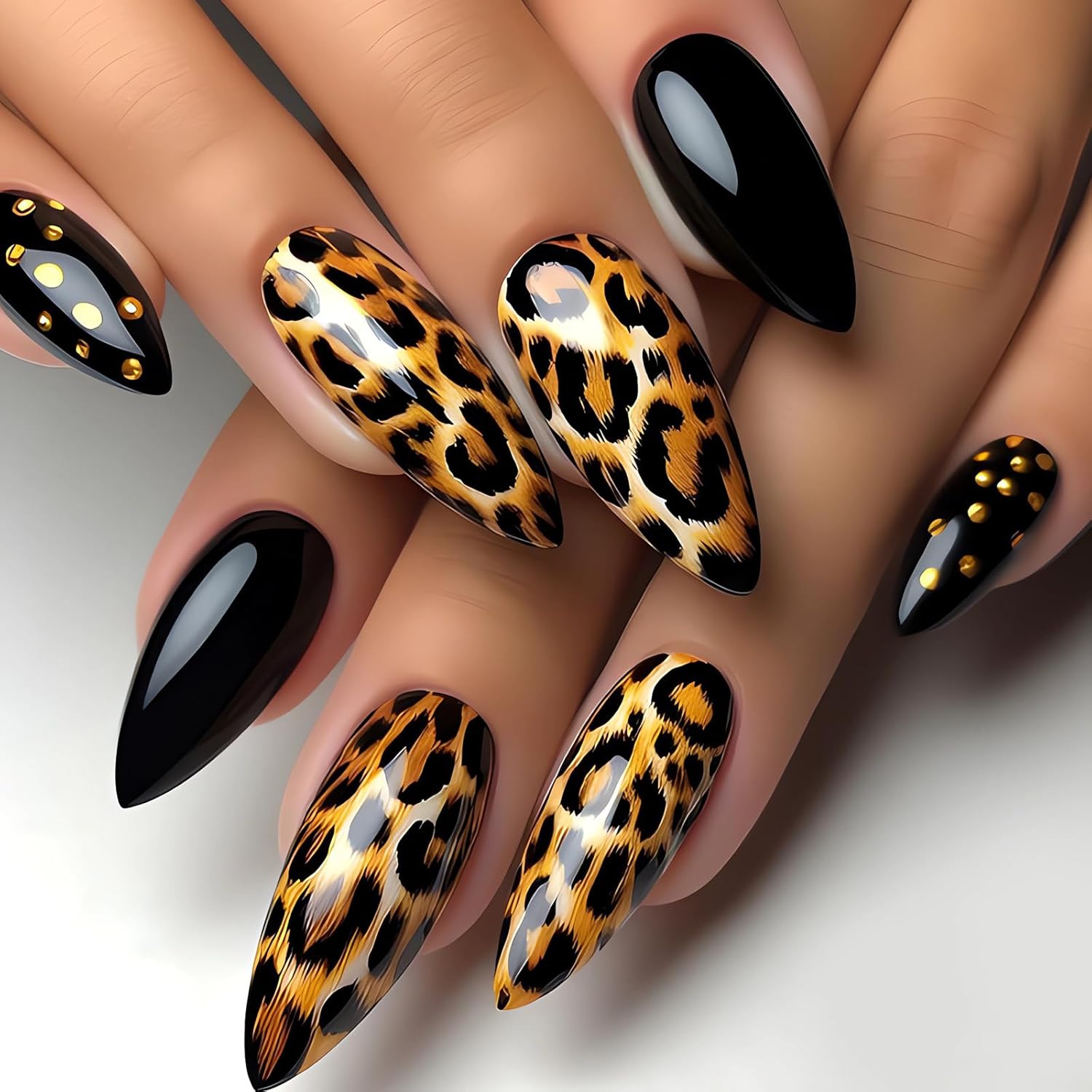 Leopard Press on Nails Almond Medium Fake Nails Gold Black Glue on Nails Full Cover Acrylic False Nail Tips Glossy Artificial Nails Medium Almond Stick on Nails for Women Manicure Decorations