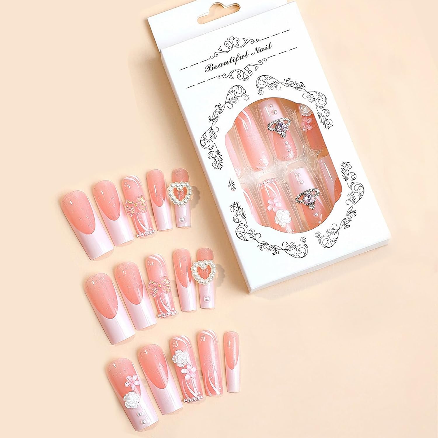 3D Pearl Flower Rhinestone Bow Long Coffin Press-On Nails French Tip Acrylic Nails-Free Shipping