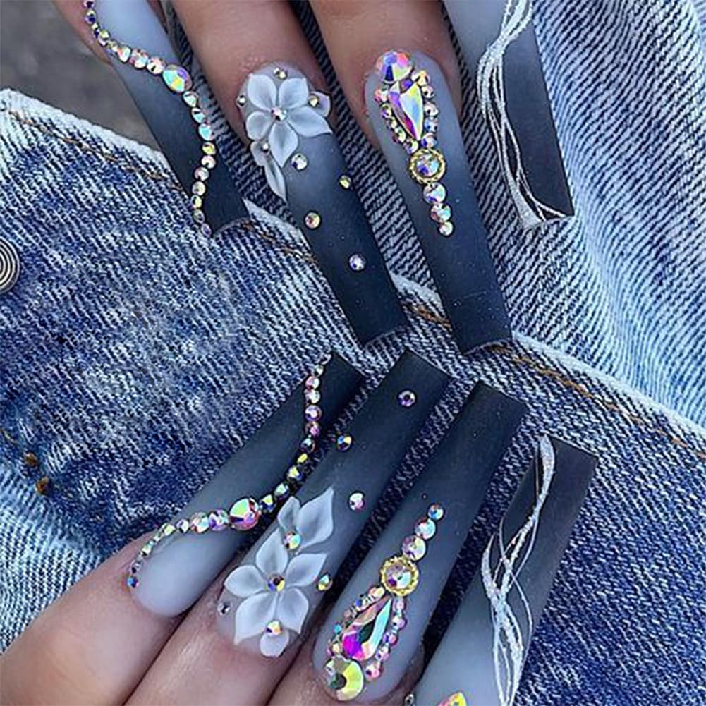 Blue Floral Rhinestone Long Coffin Press-On Nails Acrylic False Nails-Free Shipping
