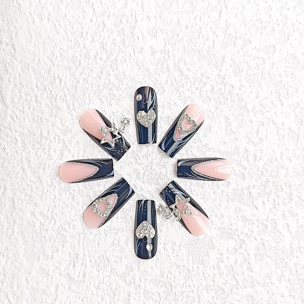 Sparkling Rhinestone Heart Star Black Long Coffin Press-On Nails Acrylic False Nails-Free Shipping