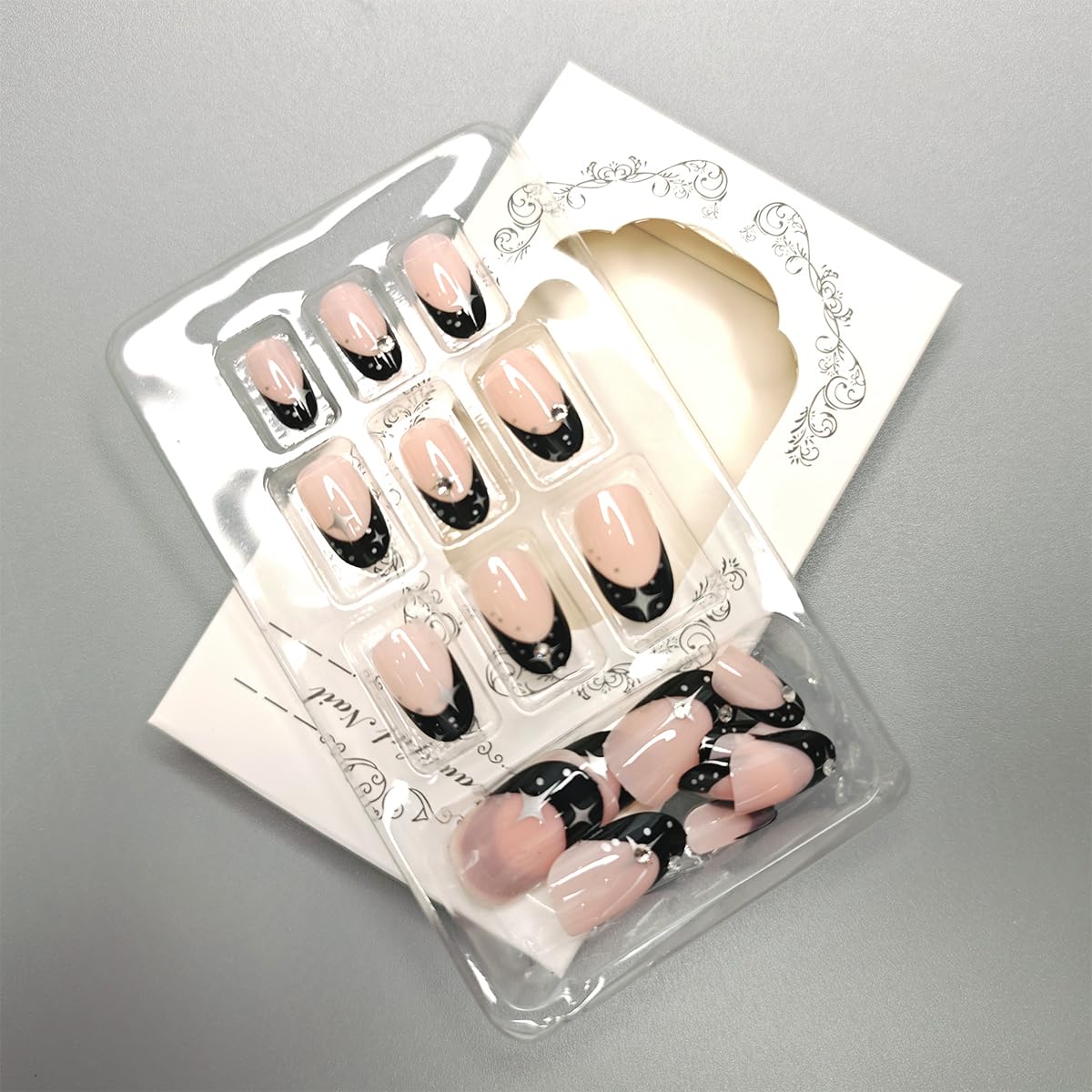 Black Rhinestone French Almond Press on Nails - 24 Pcs Medium Square Full Cover Fake Nails - Free Shipping