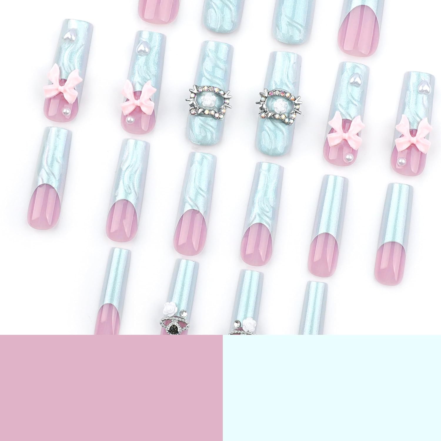 Heart Bow Pink French Tip Press-On Nails Long Coffin Fake Nails-Free Shipping